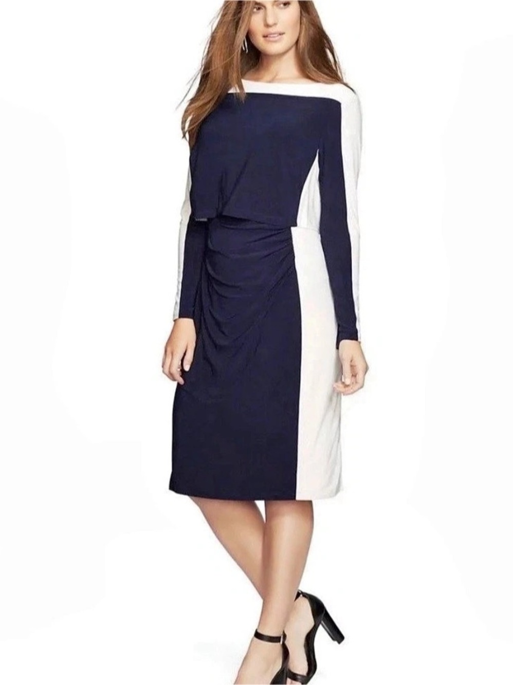 NWT Ralph Lauren Navy Blue white Color Block Stretch Jersey Ruched Sheath Dress